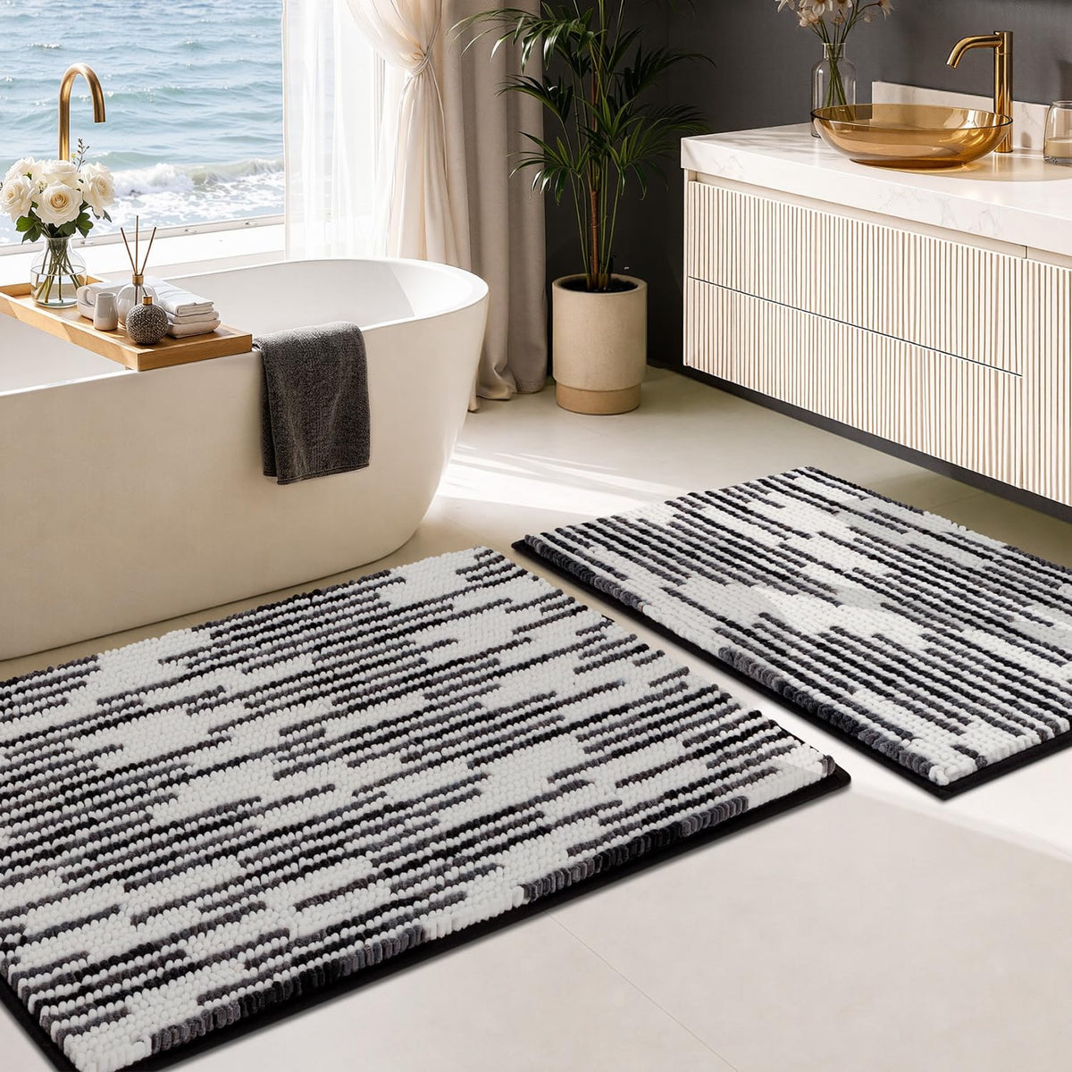 BSICPRO Large Chenille Bathroom Rugs Runner, 20x47 Striped Bath Mats, Beige