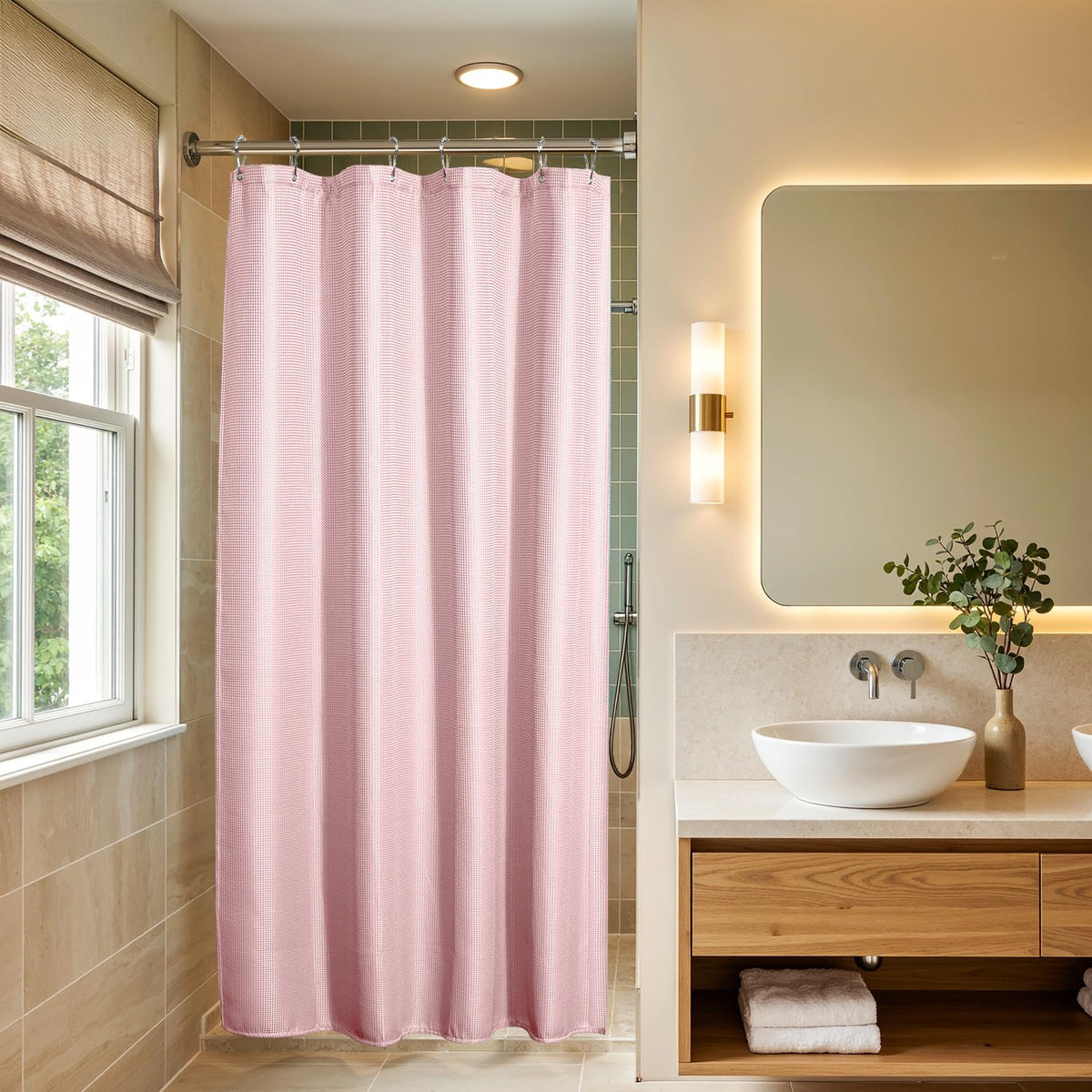 AmazerBath Blush Pink Shower Curtain Fabric, Waffle Shower Curtain Heavy Duty 240GSM, Hotel Quality Bathroom Shower Curtains, 72 x 72 Inches