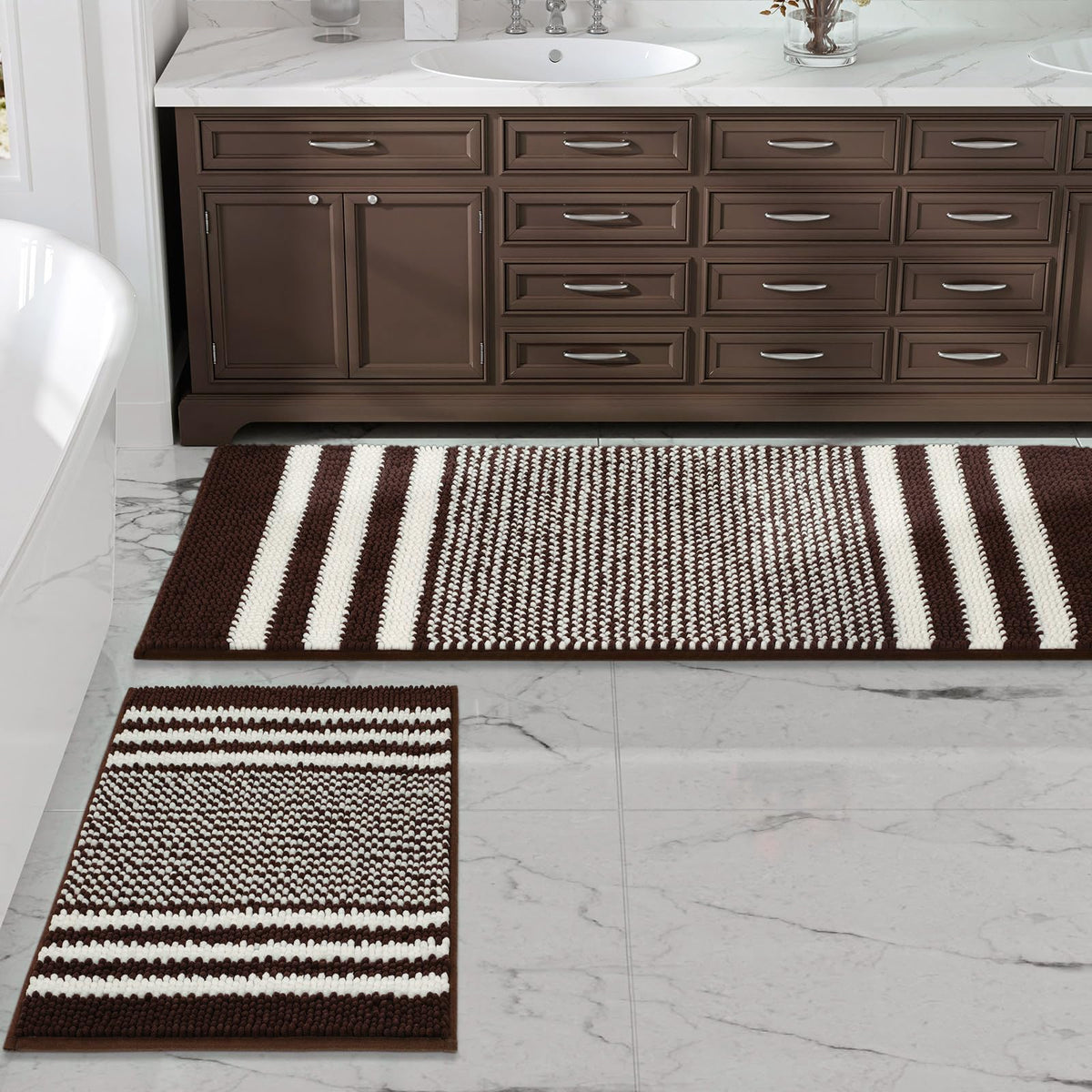 BSICPRO Large Chenille Bathroom Rugs Runner, 20x47 Striped Bath Mats, Beige