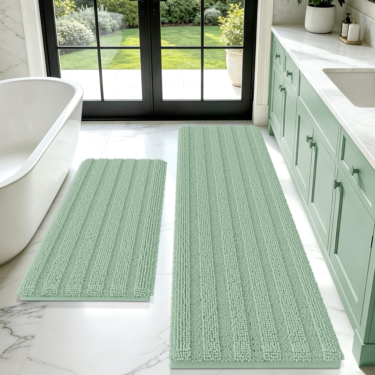 ACCUMTEK Christmas Striped Pink Bathroom Rug Set 3 Pieces Ultra Soft, Non Slip Chenille Toilet Mat, Absorbent Plush Shaggy Bath Mats for Bathroom, Bedroom, Kitchen