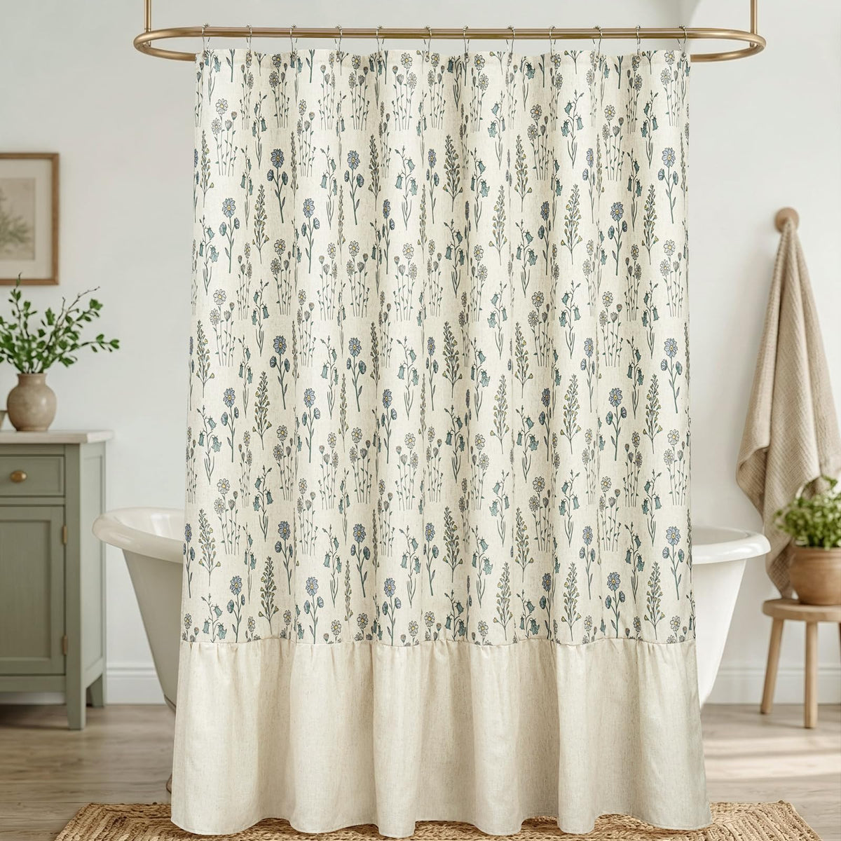 Botanical Floral Linen Blend Shower Curtain 72x72, Organic Modern Farmhouse Bathroom Decor, 210GSM Fabric (Green/Oatmeal)