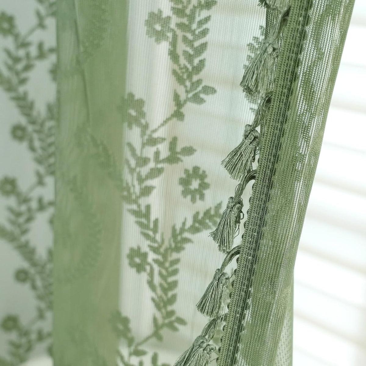 WAZZIO Dark Sage Green Lace Shower Curtain,Boho Chic,72 x 84 in