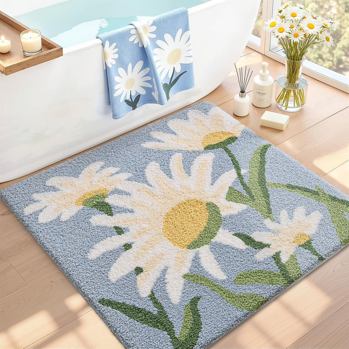 LUMI Square Beach Bathroom Rug 32x32, Soft Absorbent Bath Mat, Non Slip