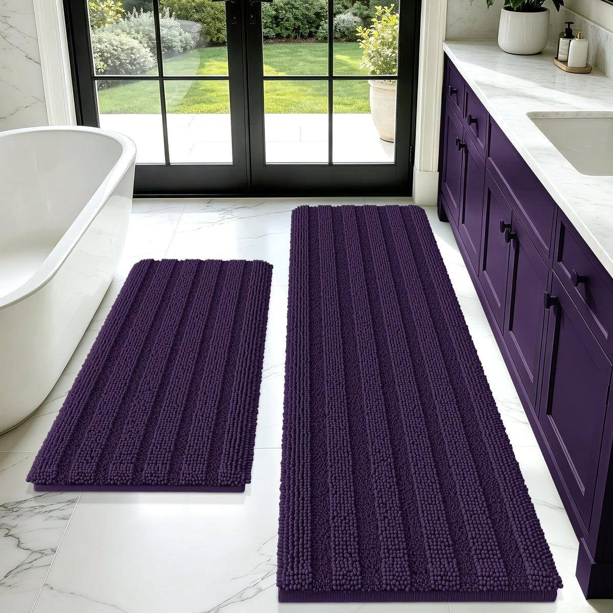 ACCUMTEK Christmas Striped Pink Bathroom Rug Set 3 Pieces Ultra Soft, Non Slip Chenille Toilet Mat, Absorbent Plush Shaggy Bath Mats for Bathroom, Bedroom, Kitchen