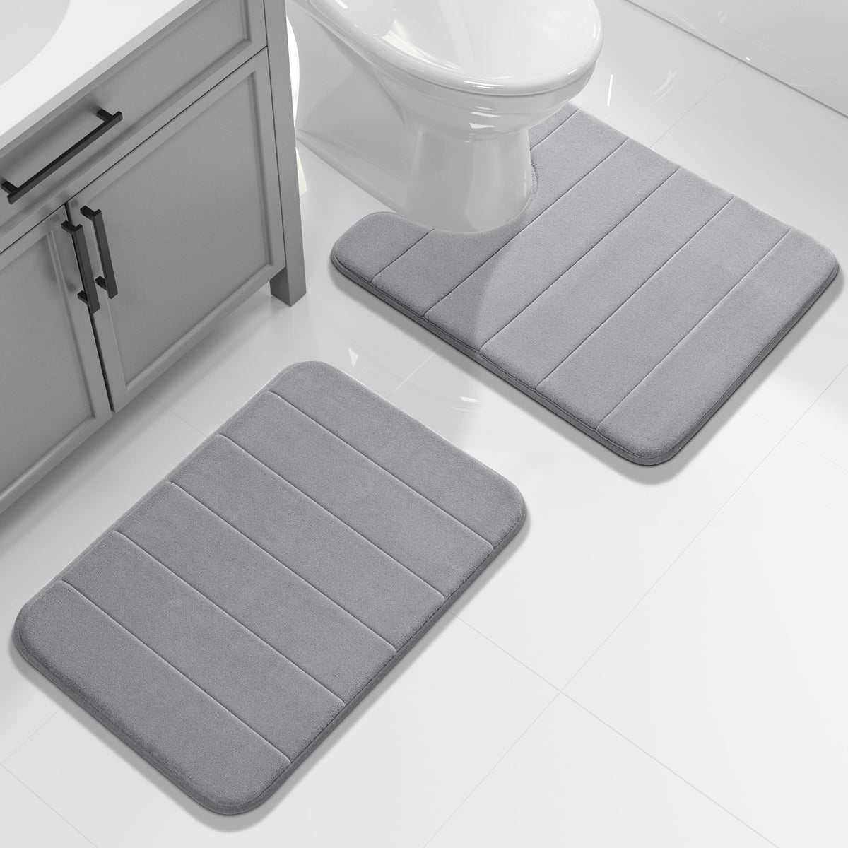 Yimobra Memory Foam Bathroom Rugs Sets 2 Piece - Super Soft Absorbent Quick Dry Bath Mat Set, Machine Washable Non Slip Floor Carpet for Tub Shower & Single Sink (17x24 & 31.5x20 Inch, Gray)