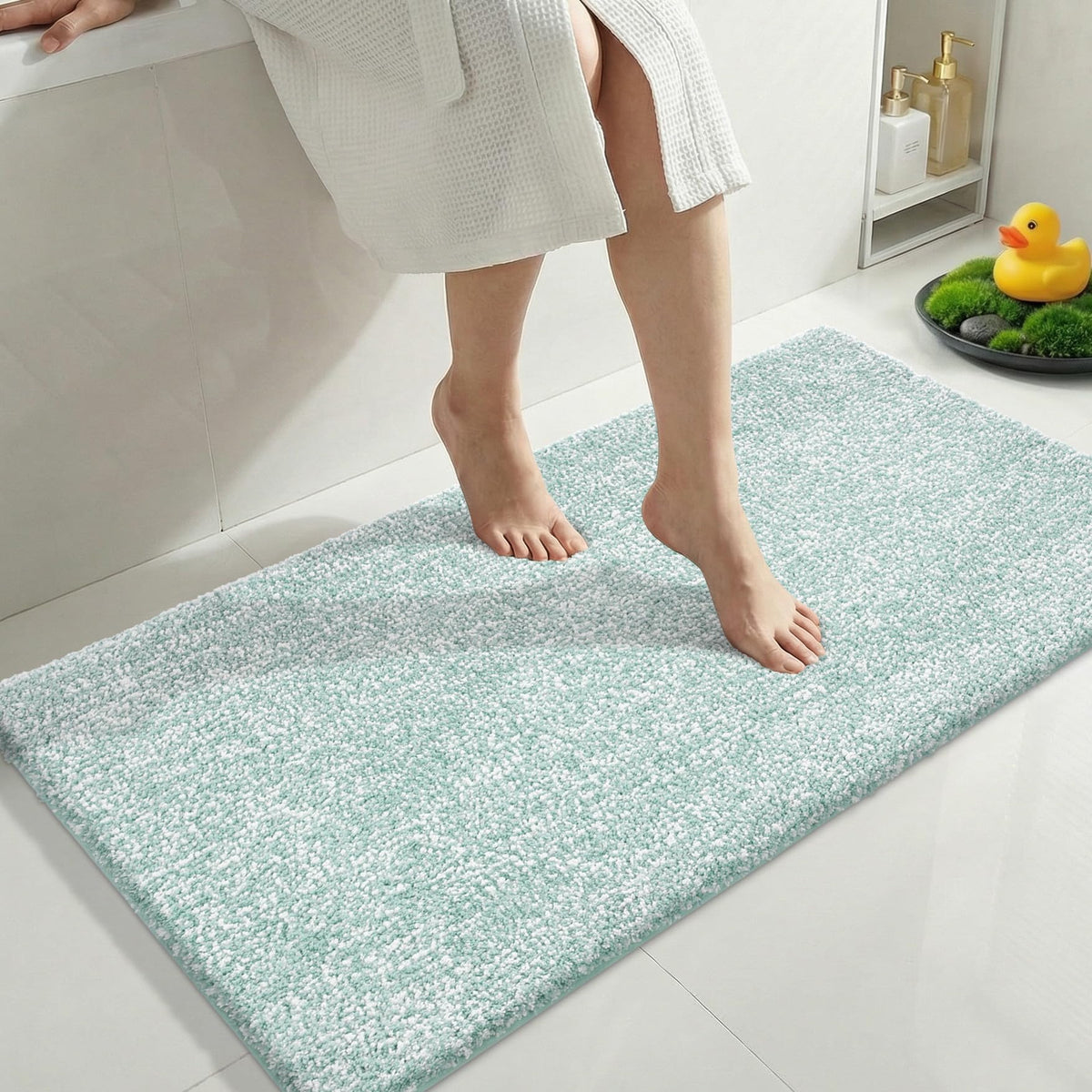 Yimobra Non Slip Machine Washable Bathroom Rug 32x20 Light Blue and White