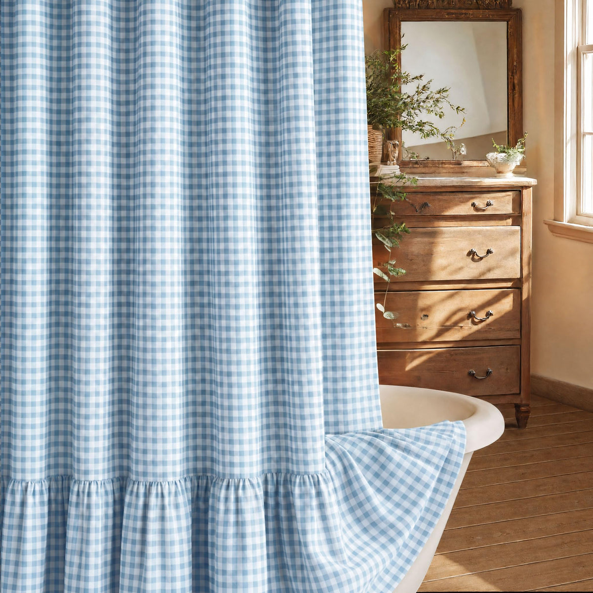 Farmhouse Shower Curtain Ruffle Linen Beige 72" W x 72" L