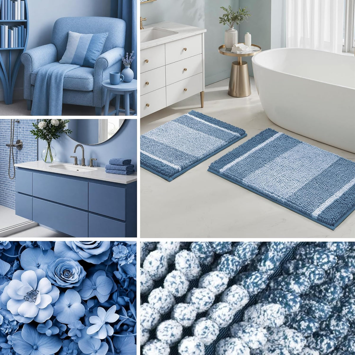 HOMEIDEAS Blue Bathroom Rugs Sets 2 Piece Chenille, 20"x32"+17"x24"