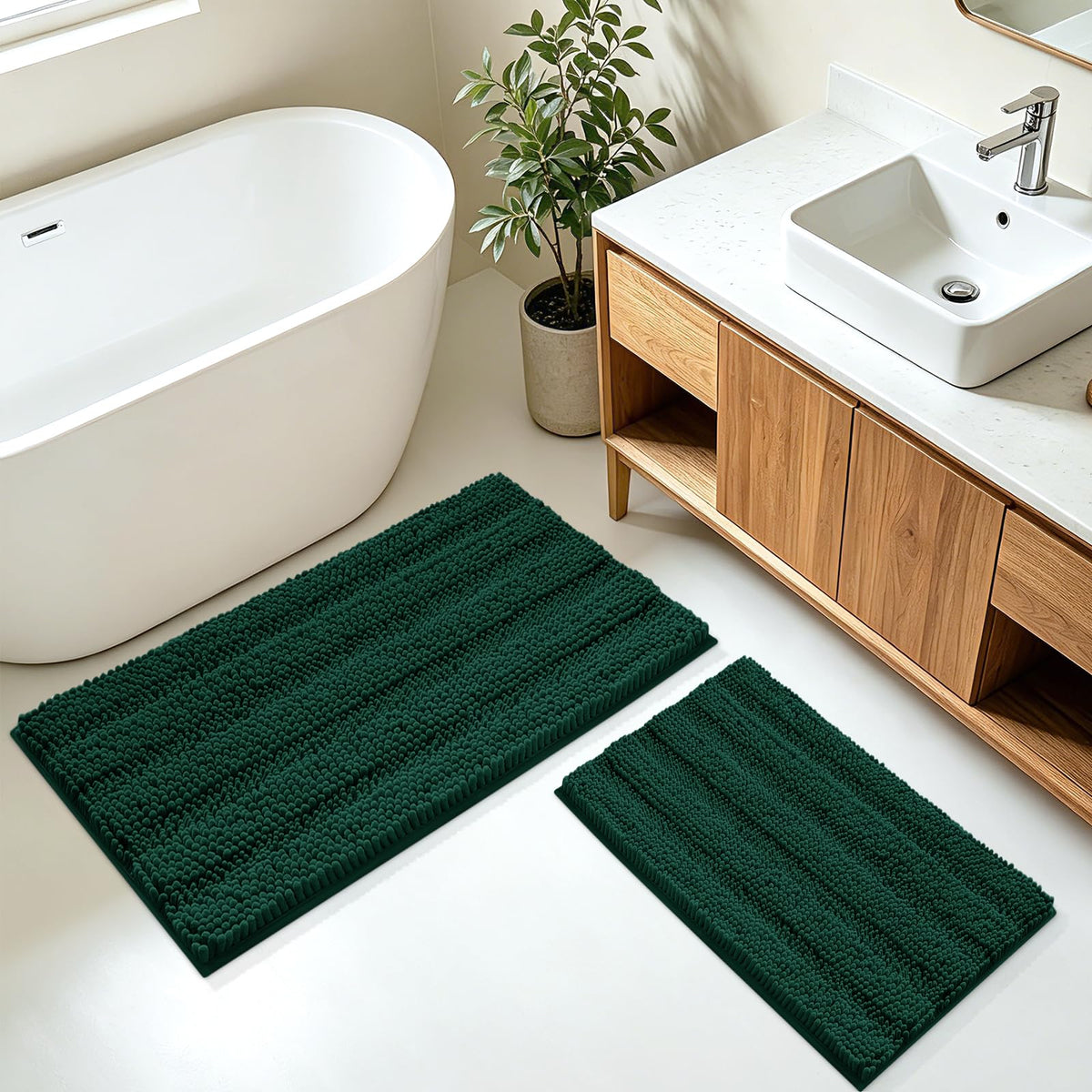 ACCUMTEK Christmas Striped Pink Bathroom Rug Set 3 Pieces Ultra Soft, Non Slip Chenille Toilet Mat, Absorbent Plush Shaggy Bath Mats for Bathroom, Bedroom, Kitchen