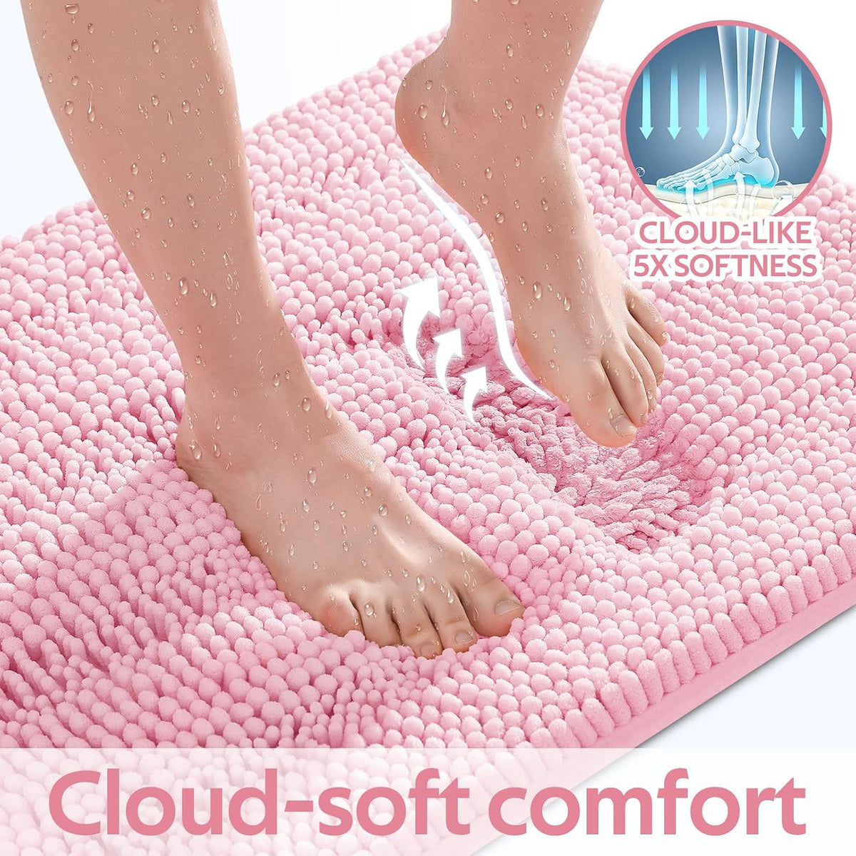 ACCUMTEK Christmas Striped Pink Bathroom Rug Set 3 Pieces Ultra Soft, Non Slip Chenille Toilet Mat, Absorbent Plush Shaggy Bath Mats for Bathroom, Bedroom, Kitchen