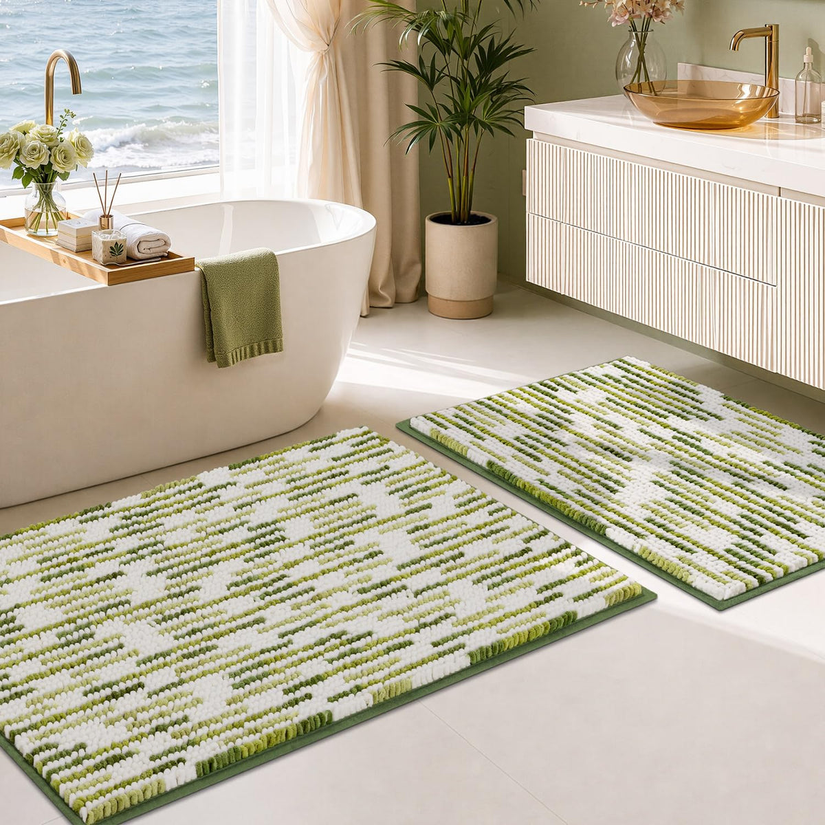 BSICPRO Large Chenille Bathroom Rugs Runner, 20x47 Striped Bath Mats, Beige