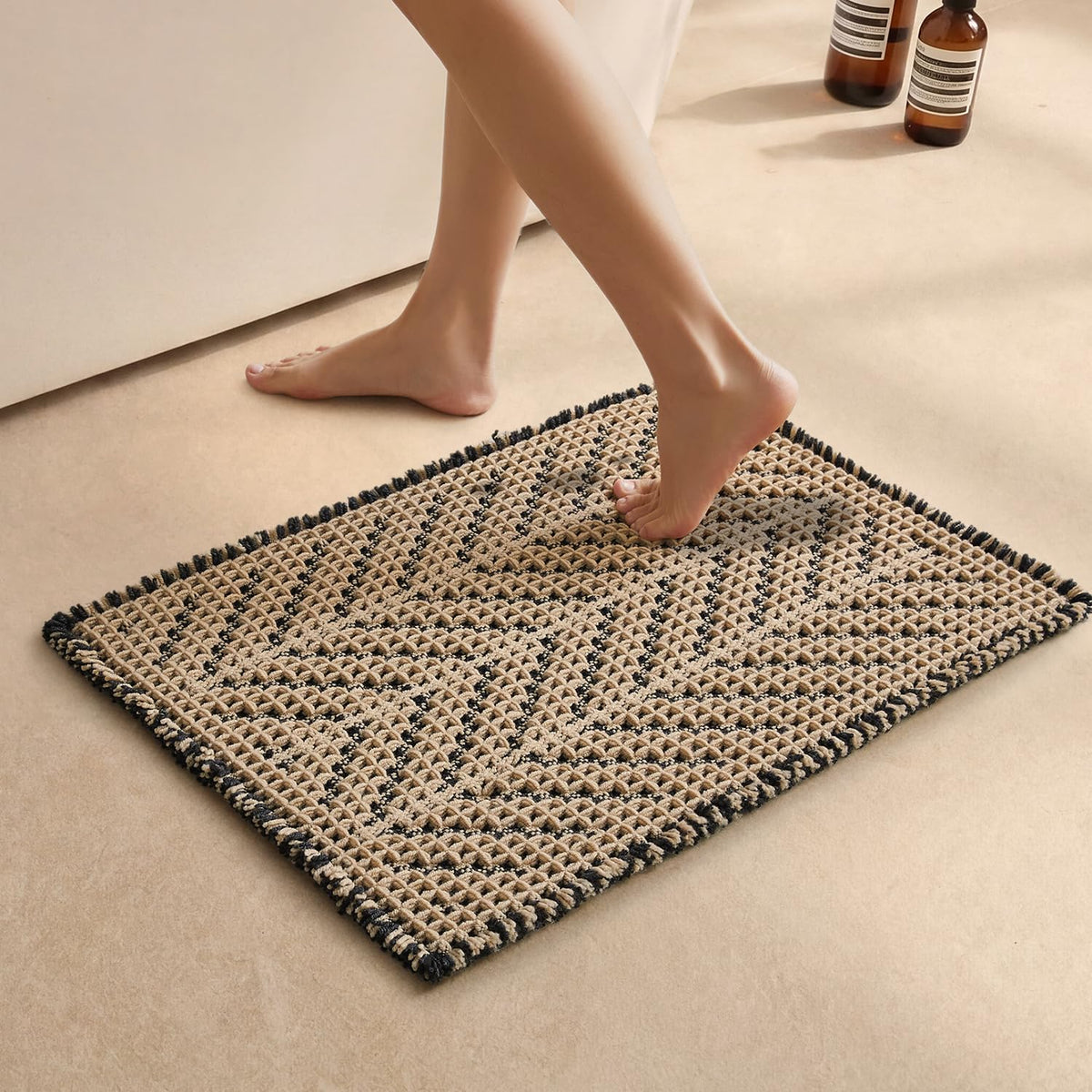 Sunfly Boho Herringbone Waffle Bath Mat, Ultra Soft Non-Slip Bathroom Rug - Super Absorbent & Quick Dry, Washable Bath Rug for Bathroom 16"x24" Taupe