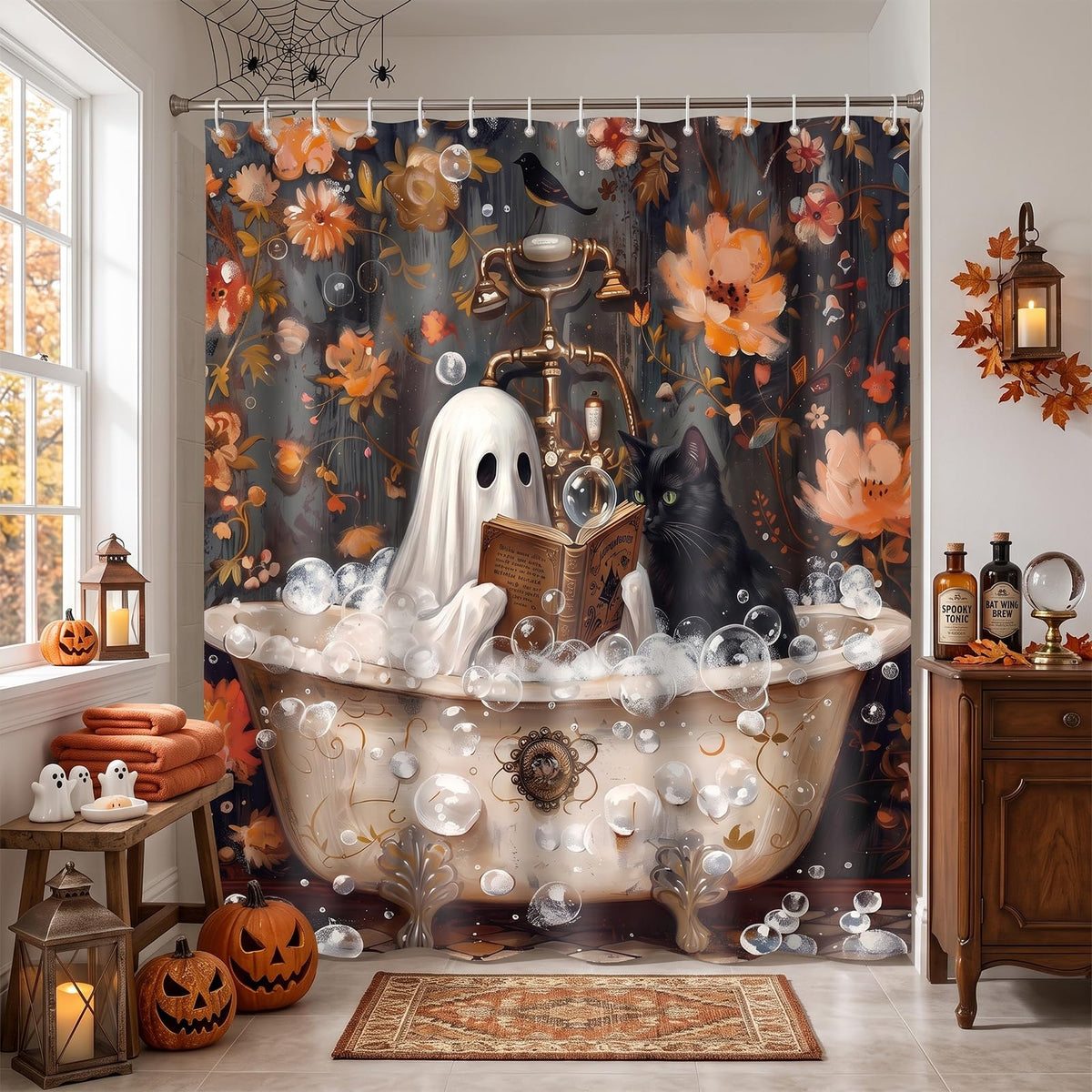 Halloween Shower Curtain 71x71in, Ghost Floral Bath Bathroom Decor