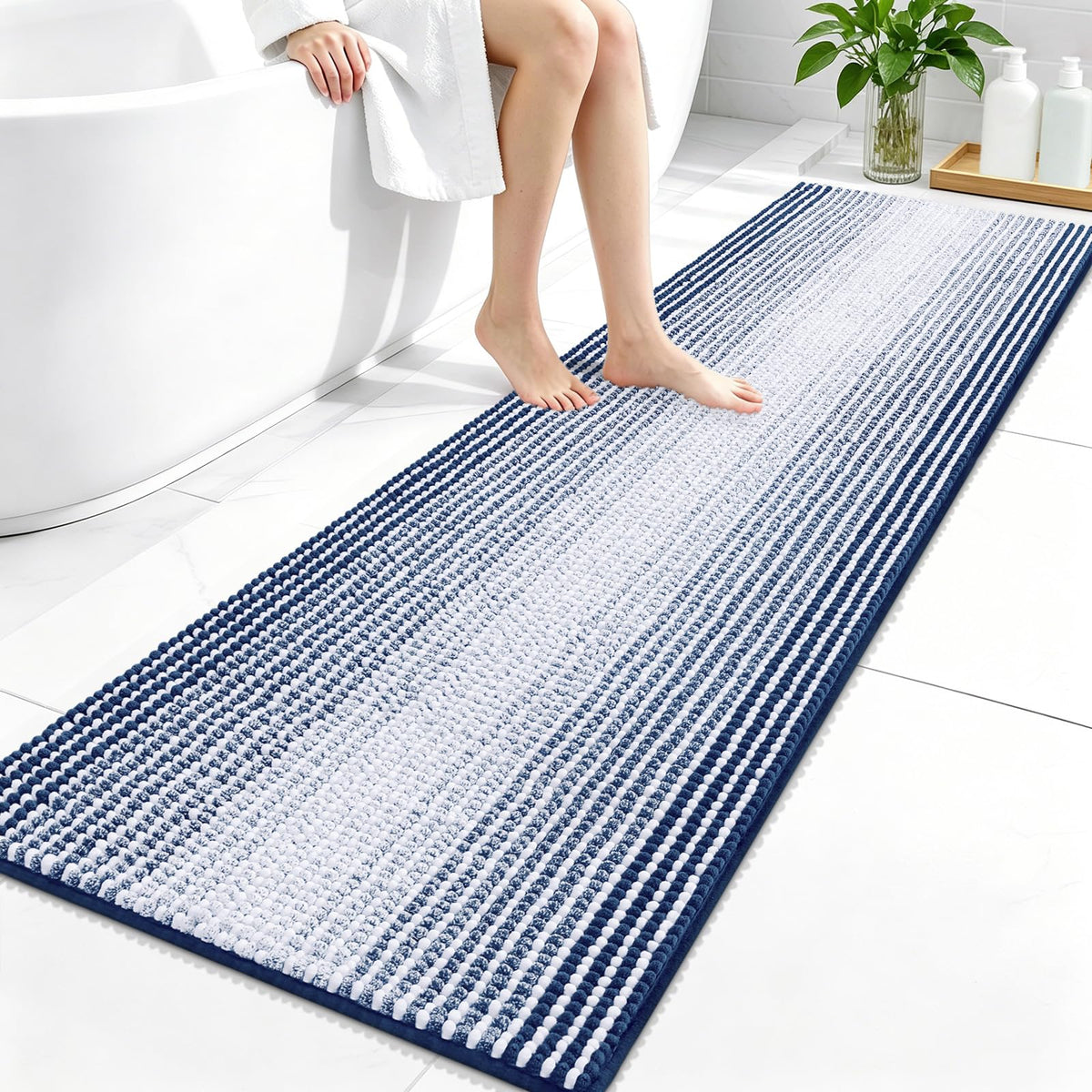 OLANLY Bathroom Rugs 30x20, Soft Chenille Striped Bath Rugs, Grey