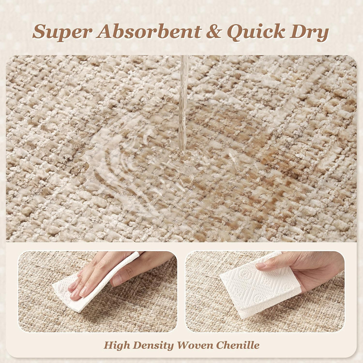 Chenille Bath Mat Non Slip Absorbent Quick Dry Bathroom Mat 17"x24", Beige