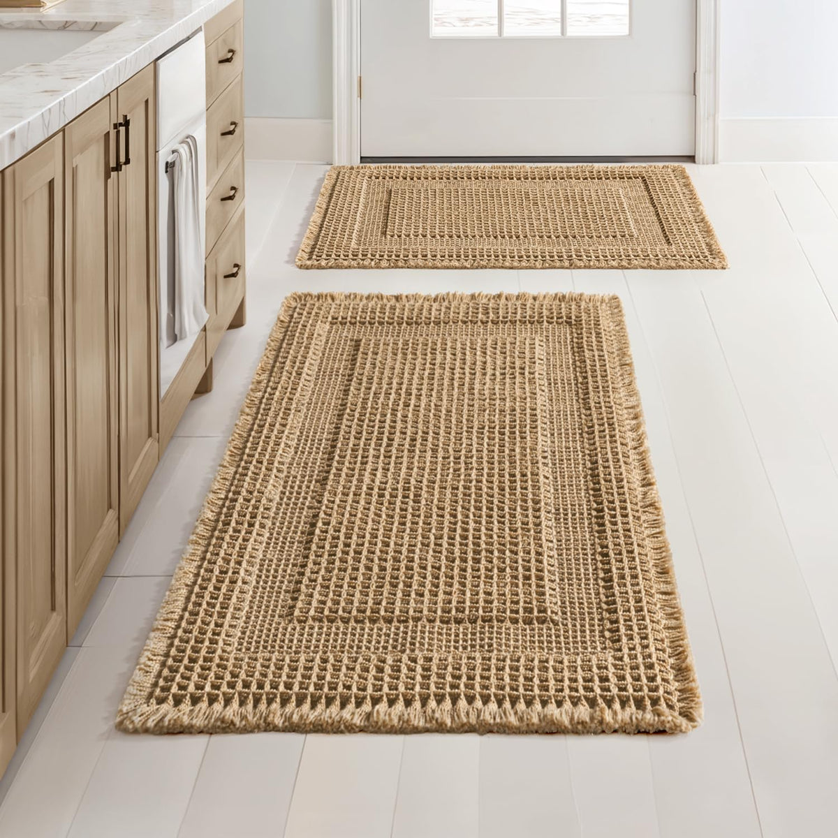 MIULEE Set of 2 Waffle Bathroom Rugs Brown&Cream Boho Bath Mat 17x24+18x30