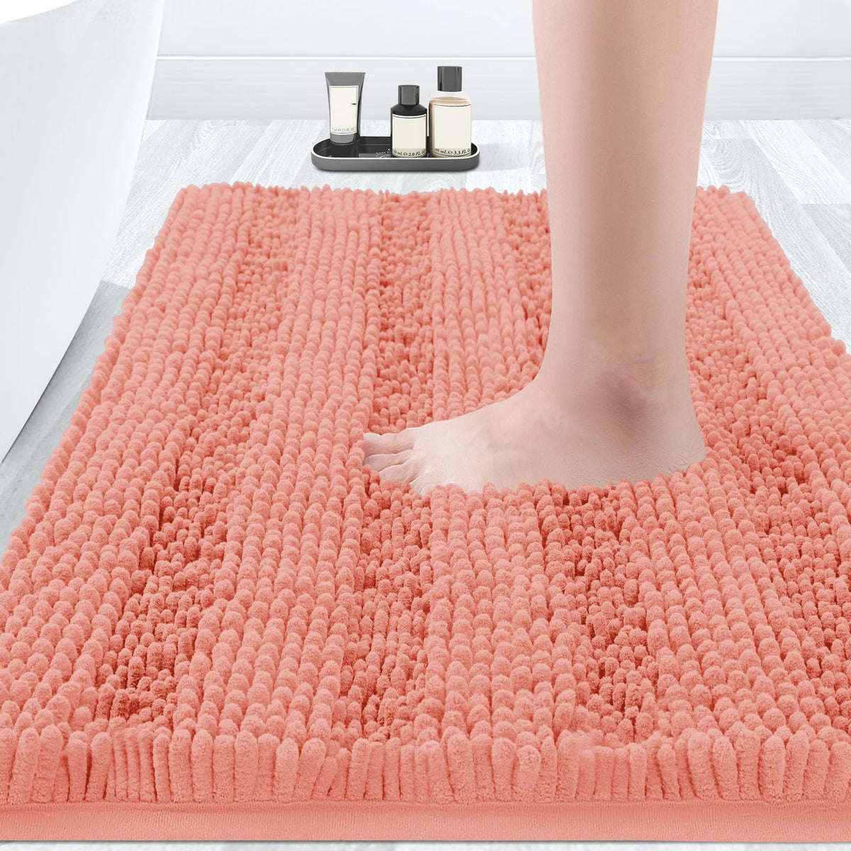 ACCUMTEK Christmas Striped Pink Bathroom Rug Set 3 Pieces Ultra Soft, Non Slip Chenille Toilet Mat, Absorbent Plush Shaggy Bath Mats for Bathroom, Bedroom, Kitchen