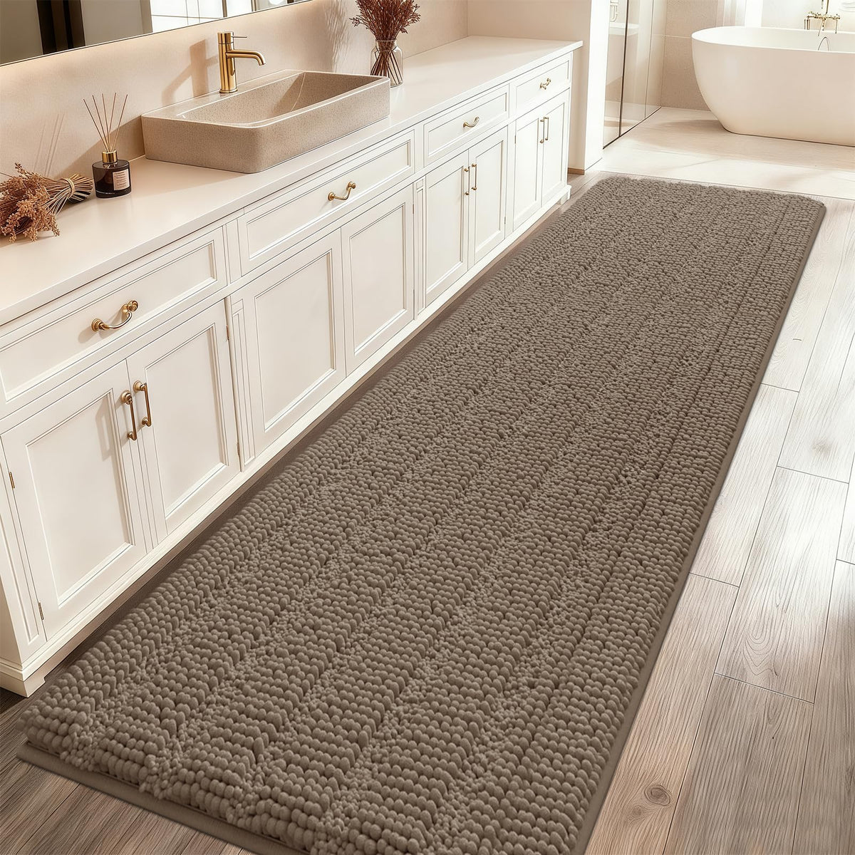 ACCUMTEK Christmas Striped Pink Bathroom Rug Set 3 Pieces Ultra Soft, Non Slip Chenille Toilet Mat, Absorbent Plush Shaggy Bath Mats for Bathroom, Bedroom, Kitchen