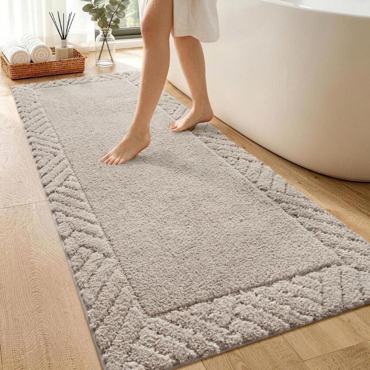 48x17 Long Bathroom Runner Rugs Beige, Non Slip Washable Bath Rugs