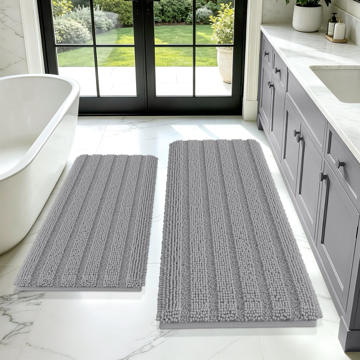 ACCUMTEK Christmas Striped Pink Bathroom Rug Set 3 Pieces Ultra Soft, Non Slip Chenille Toilet Mat, Absorbent Plush Shaggy Bath Mats for Bathroom, Bedroom, Kitchen