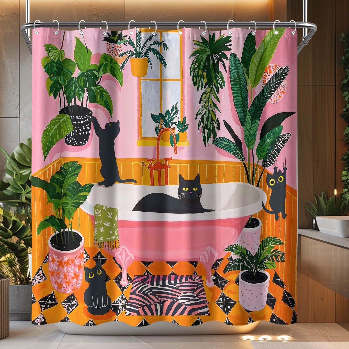 Funny Cat Shower Curtain for Bathroom Green 72x72 Inch