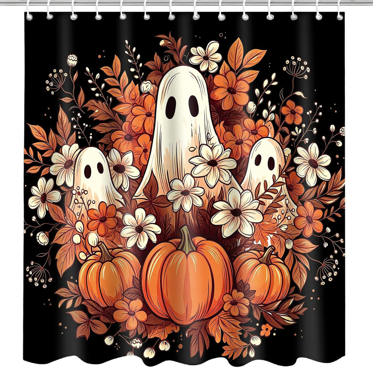 Halloween Shower Curtain 71x71in, Ghost Floral Bath Bathroom Decor