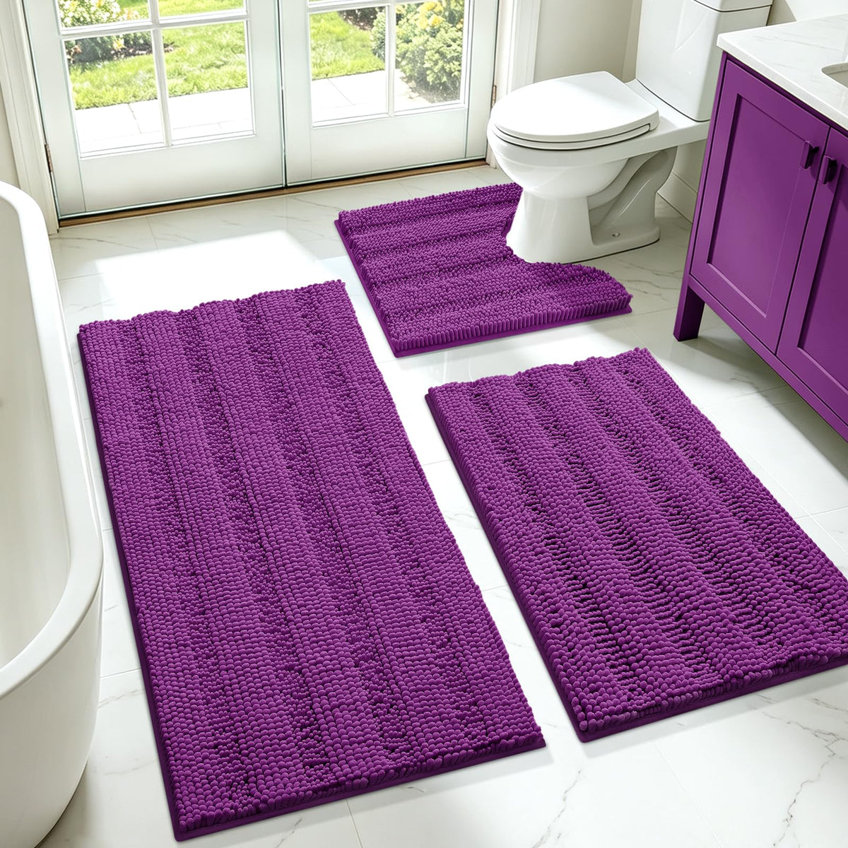 ACCUMTEK Christmas Striped Pink Bathroom Rug Set 3 Pieces Ultra Soft, Non Slip Chenille Toilet Mat, Absorbent Plush Shaggy Bath Mats for Bathroom, Bedroom, Kitchen