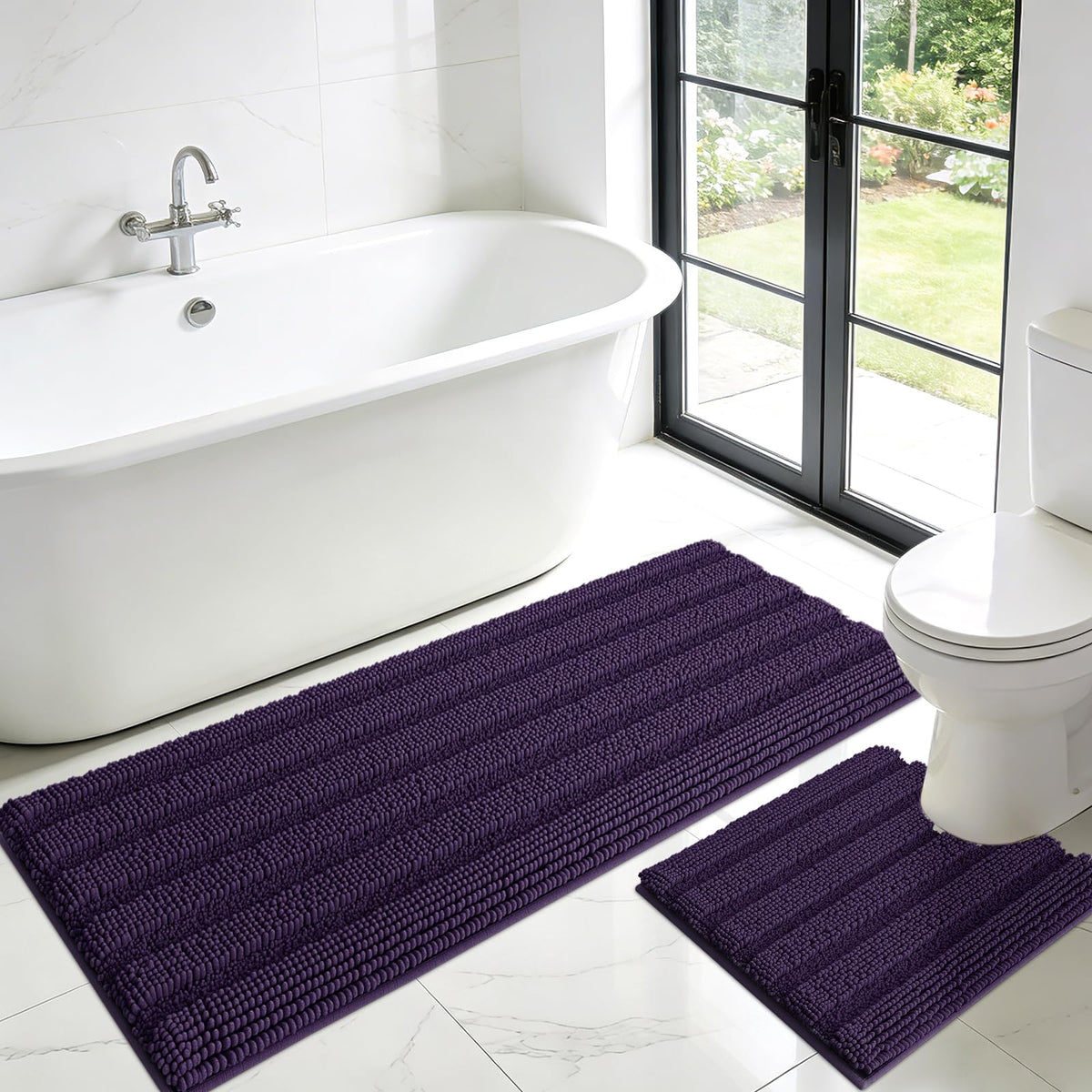 ACCUMTEK Christmas Striped Pink Bathroom Rug Set 3 Pieces Ultra Soft, Non Slip Chenille Toilet Mat, Absorbent Plush Shaggy Bath Mats for Bathroom, Bedroom, Kitchen