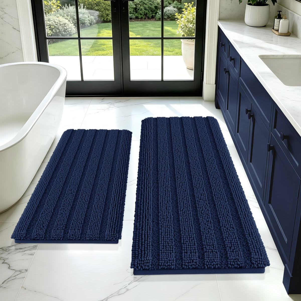 ACCUMTEK Christmas Striped Pink Bathroom Rug Set 3 Pieces Ultra Soft, Non Slip Chenille Toilet Mat, Absorbent Plush Shaggy Bath Mats for Bathroom, Bedroom, Kitchen