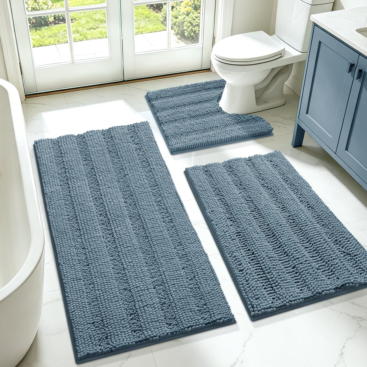 ACCUMTEK Christmas Striped Pink Bathroom Rug Set 3 Pieces Ultra Soft, Non Slip Chenille Toilet Mat, Absorbent Plush Shaggy Bath Mats for Bathroom, Bedroom, Kitchen