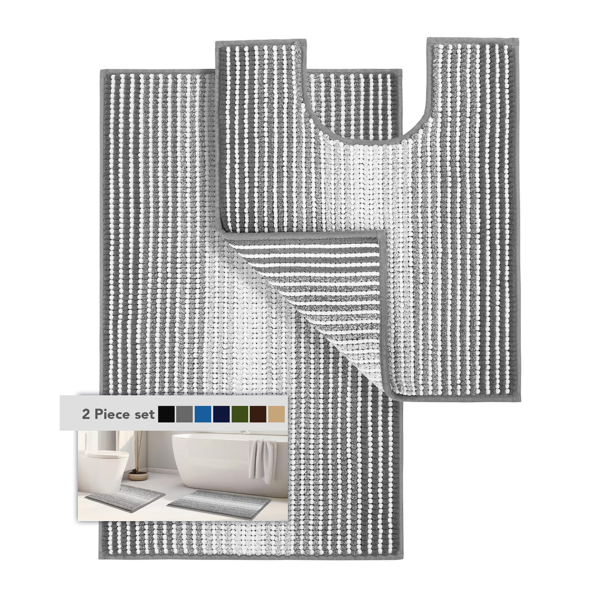 BSICPRO Large Chenille Bathroom Rugs Runner, 20x47 Striped Bath Mats, Beige