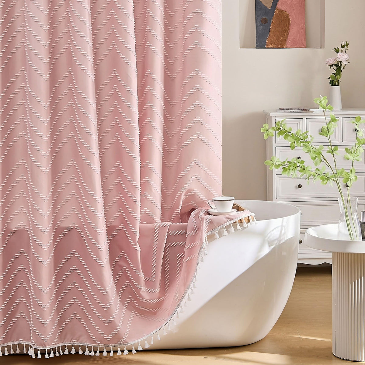 Siiluminisoy Boho Shower Curtain with Tassel Woven Fabric Olive Green Shower Curtain 72 x 72 Modern Farmhouse Textured Tufted Chevron Striped Minimalist Bathroom Shower Curtains