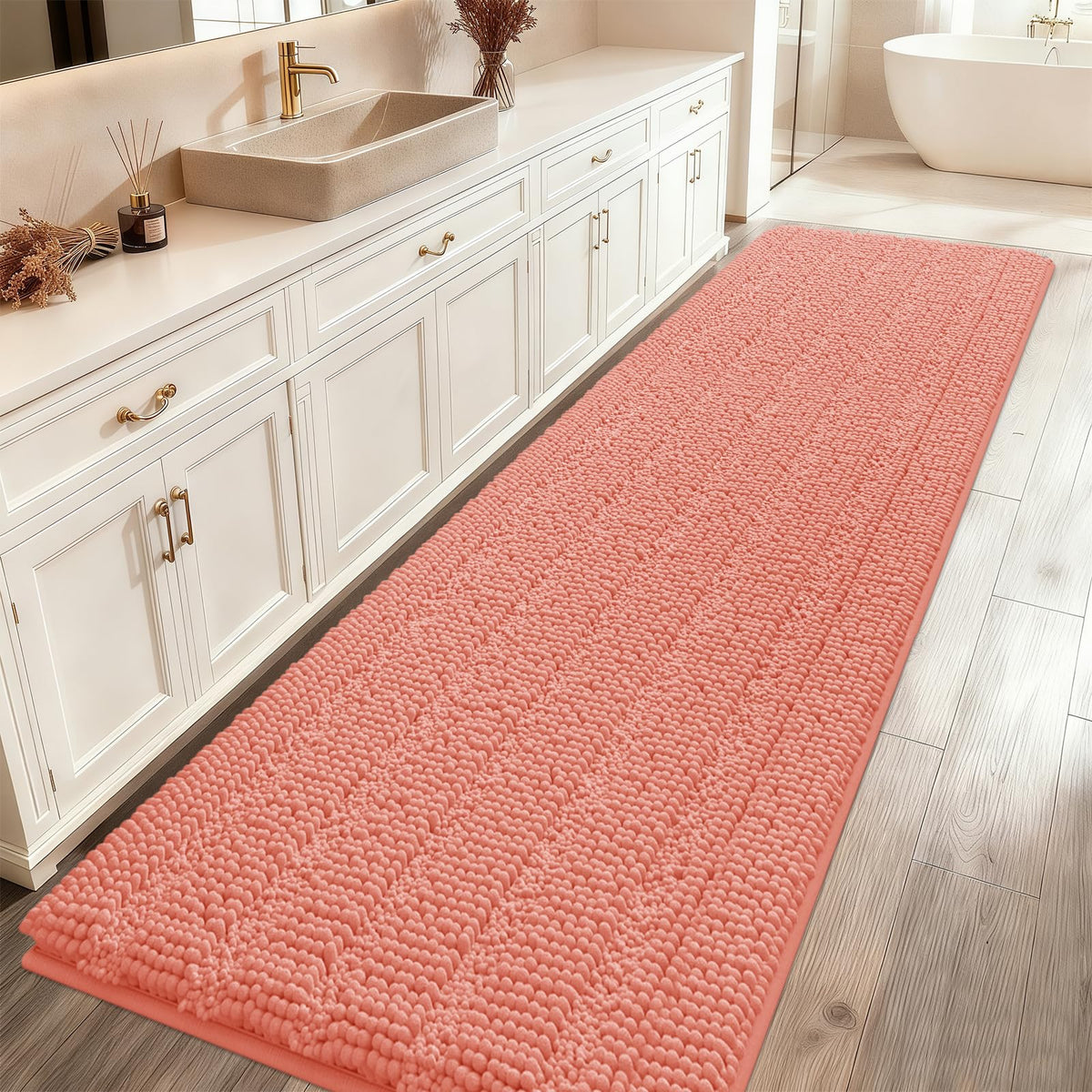 ACCUMTEK Christmas Striped Pink Bathroom Rug Set 3 Pieces Ultra Soft, Non Slip Chenille Toilet Mat, Absorbent Plush Shaggy Bath Mats for Bathroom, Bedroom, Kitchen