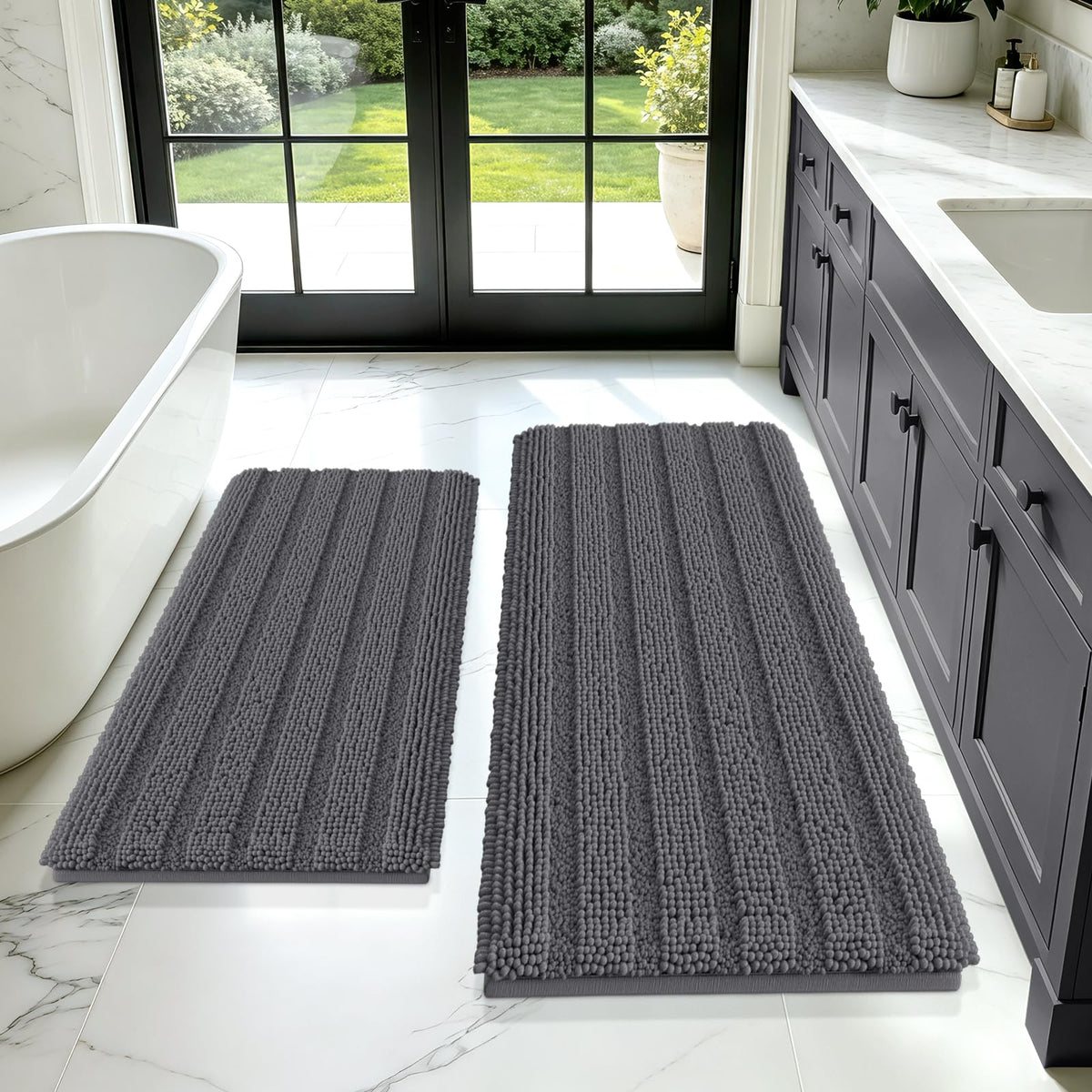 ACCUMTEK Christmas Striped Pink Bathroom Rug Set 3 Pieces Ultra Soft, Non Slip Chenille Toilet Mat, Absorbent Plush Shaggy Bath Mats for Bathroom, Bedroom, Kitchen