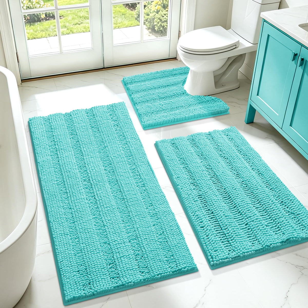 ACCUMTEK Christmas Striped Pink Bathroom Rug Set 3 Pieces Ultra Soft, Non Slip Chenille Toilet Mat, Absorbent Plush Shaggy Bath Mats for Bathroom, Bedroom, Kitchen