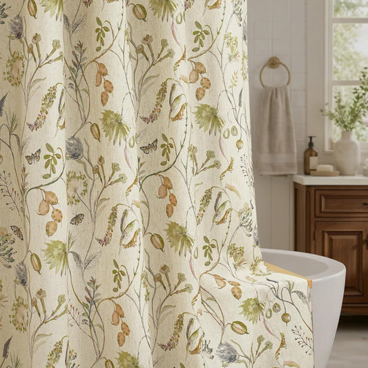 Botanical Floral Linen Blend Shower Curtain 72x72, Organic Modern Farmhouse Bathroom Decor, 210GSM Fabric (Green/Oatmeal)
