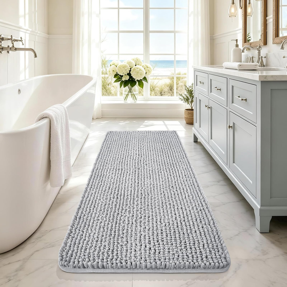 Ophanie Grey Bathroom Rugs 30x20, Soft Chenille Bath Mat, Non Slip Absorbent Quick Dry Light Gray Mats, Machine Washable Thick Small Area Rug Sets,Grip Bathmat for Shower,Toilet,Sink and Indoor Floor
