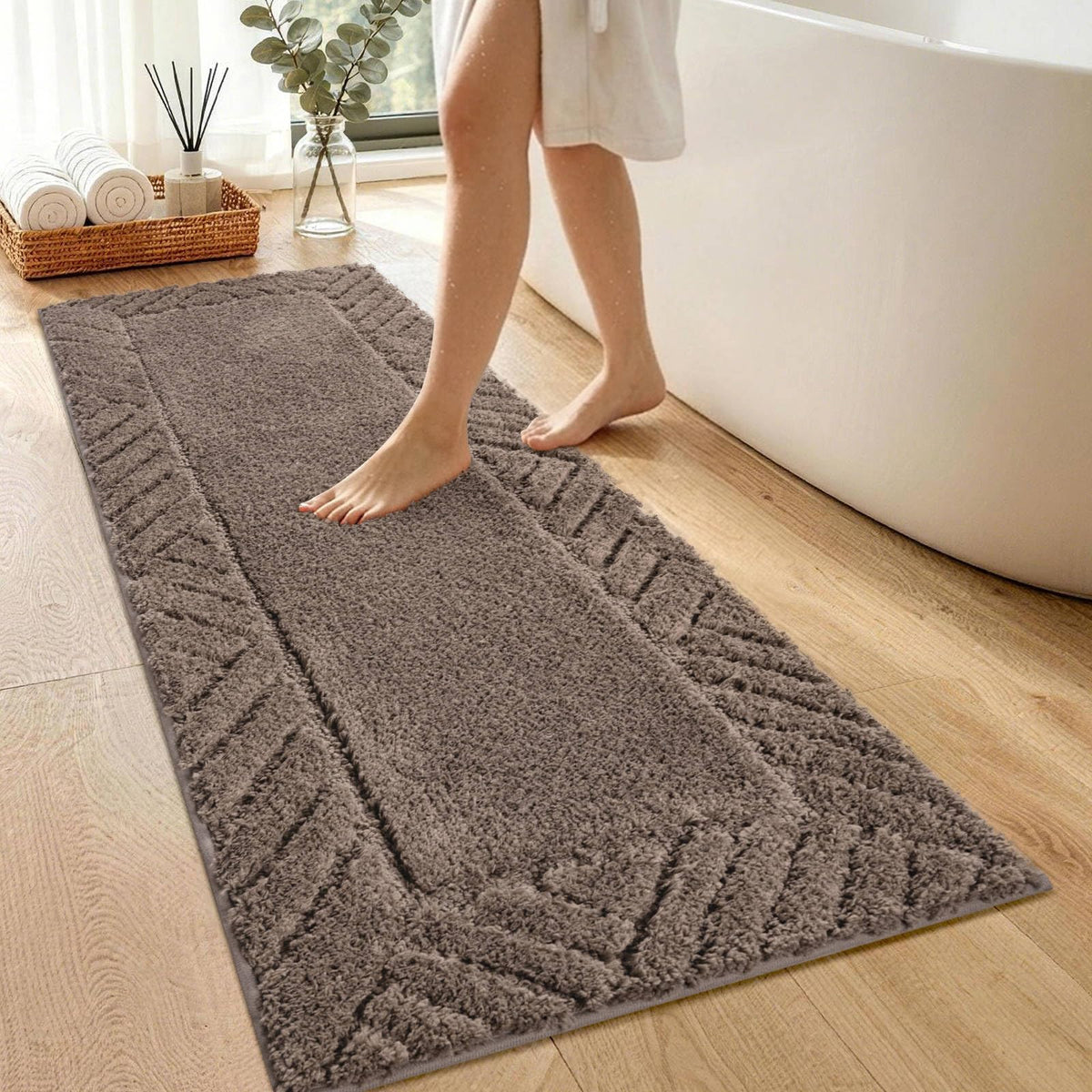 48x17 Long Bathroom Runner Rugs Beige, Non Slip Washable Bath Rugs