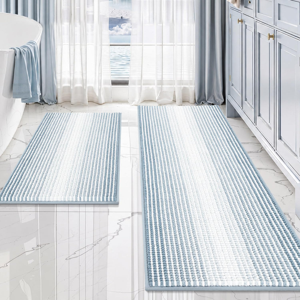 BSICPRO Large Chenille Bathroom Rugs Runner, 20x47 Striped Bath Mats, Beige