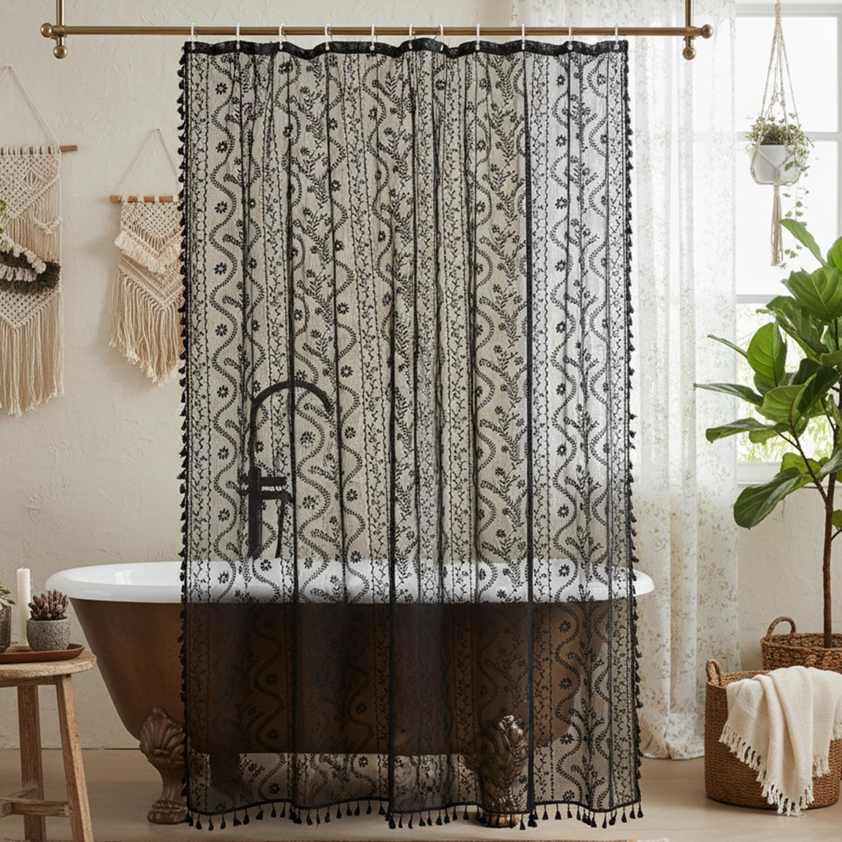 WAZZIO Terracotta Lace Shower Curtain,Boho Chic Fall Color,72 x 72 in
