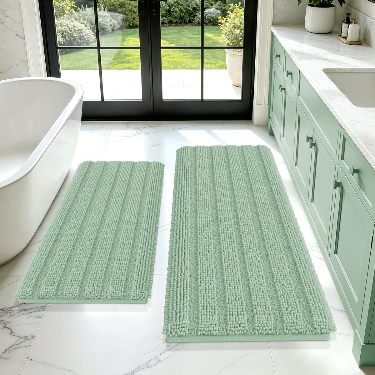 ACCUMTEK Christmas Striped Pink Bathroom Rug Set 3 Pieces Ultra Soft, Non Slip Chenille Toilet Mat, Absorbent Plush Shaggy Bath Mats for Bathroom, Bedroom, Kitchen