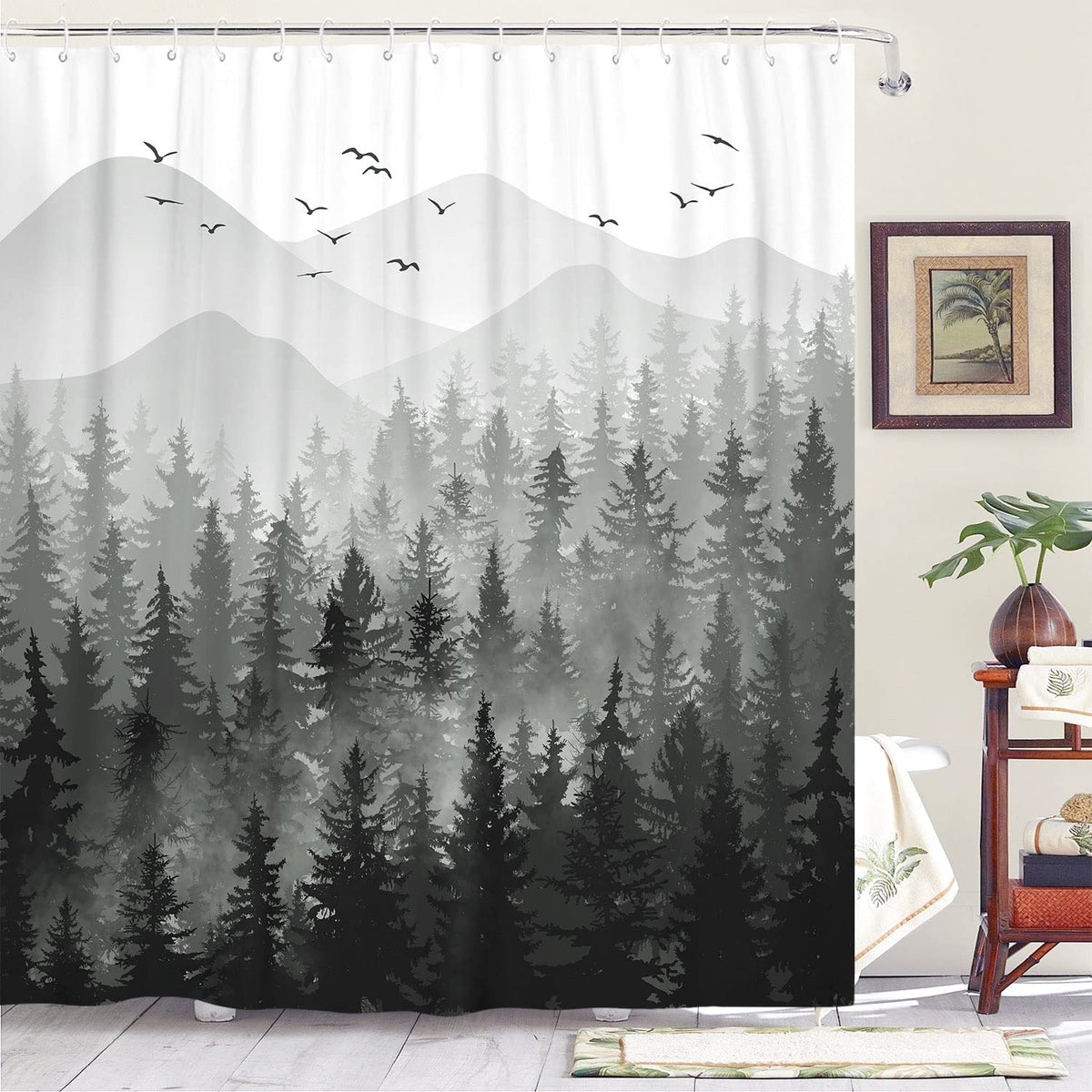 Accnicc Forest Mountain Shower Curtain Dark Green Nature Misty Pine Tree Shower Curtains for Bathroom Foggy Rustic Woodland Decorative Waterproof Fabric Bath Curtain Decor 72×72 Inches