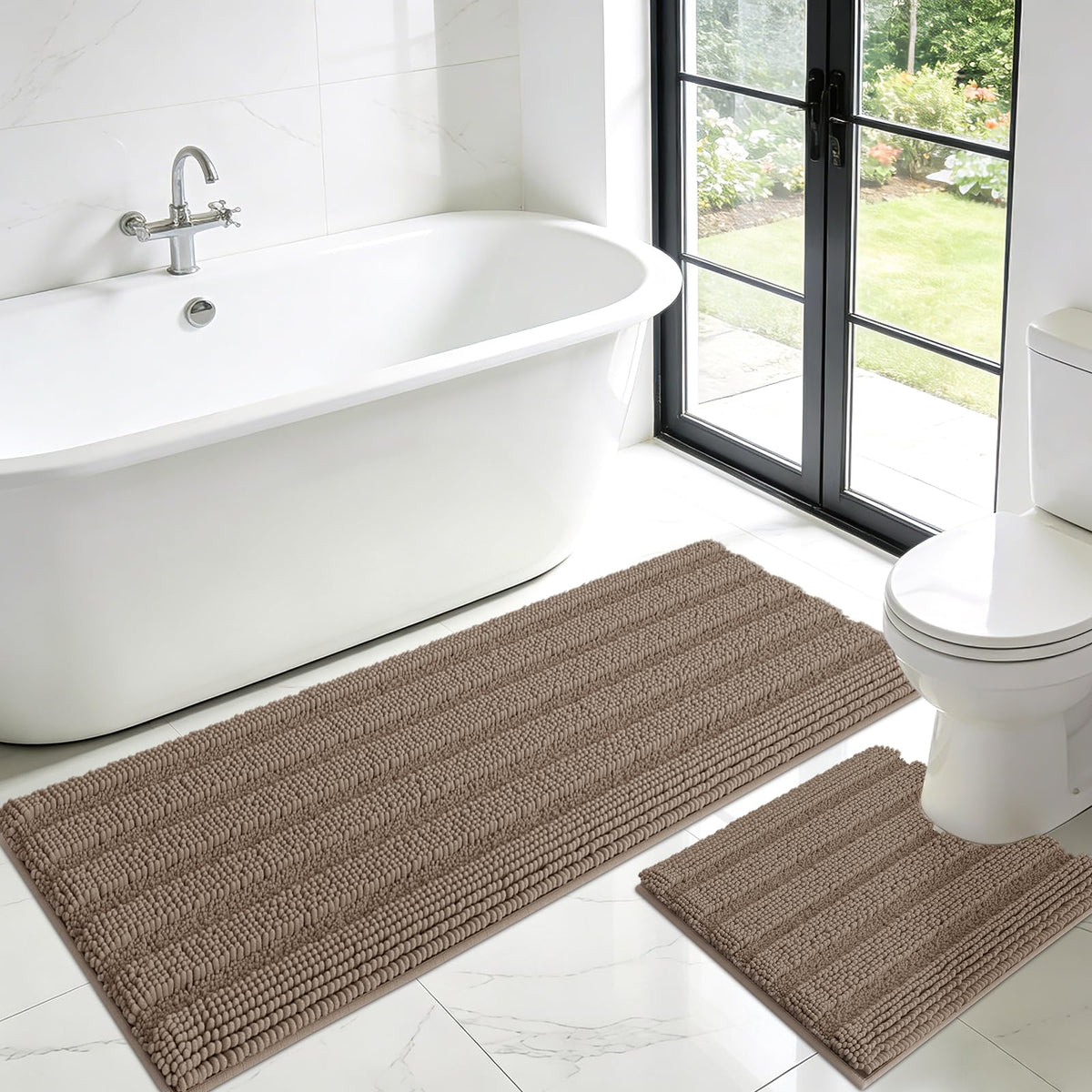 ACCUMTEK Christmas Striped Pink Bathroom Rug Set 3 Pieces Ultra Soft, Non Slip Chenille Toilet Mat, Absorbent Plush Shaggy Bath Mats for Bathroom, Bedroom, Kitchen