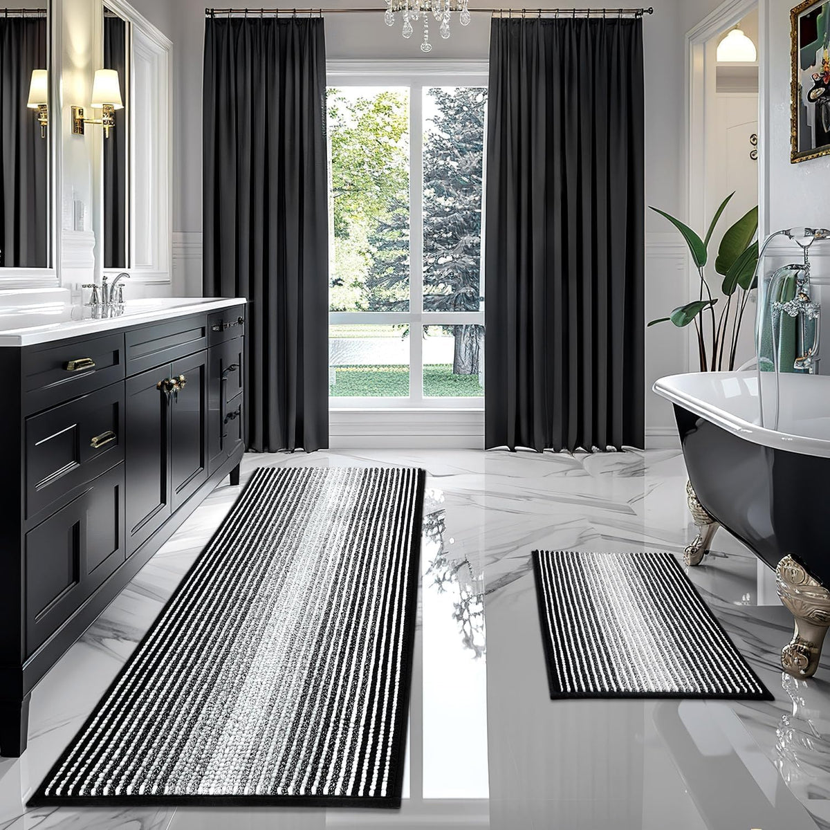 BSICPRO Large Chenille Bathroom Rugs Runner, 20x47 Striped Bath Mats, Beige