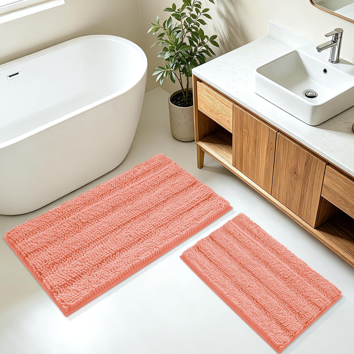 ACCUMTEK Christmas Striped Pink Bathroom Rug Set 3 Pieces Ultra Soft, Non Slip Chenille Toilet Mat, Absorbent Plush Shaggy Bath Mats for Bathroom, Bedroom, Kitchen