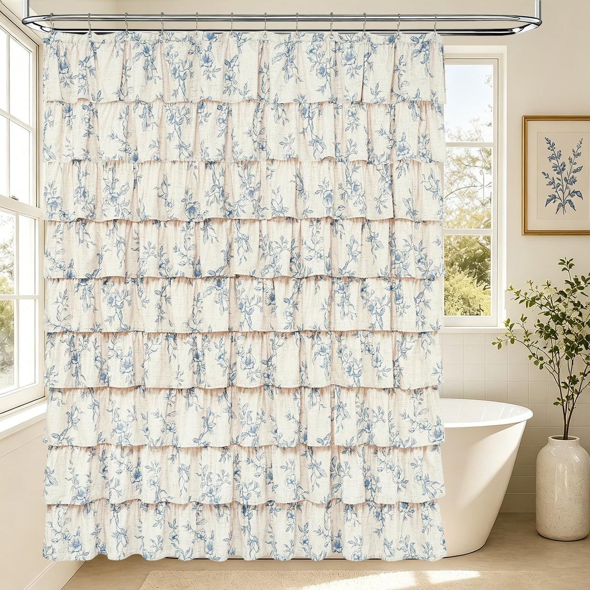 Farmhouse Floral Shower Curtain, Ruffle Bathroom Curtains, 72"Wx72"L