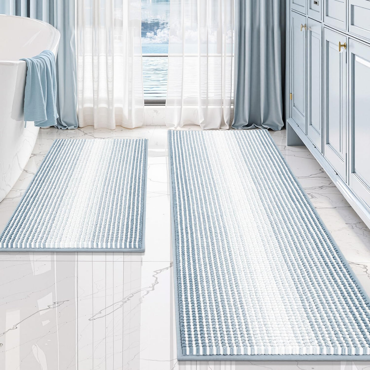 BSICPRO Large Chenille Bathroom Rugs Runner, 20x47 Striped Bath Mats, Beige