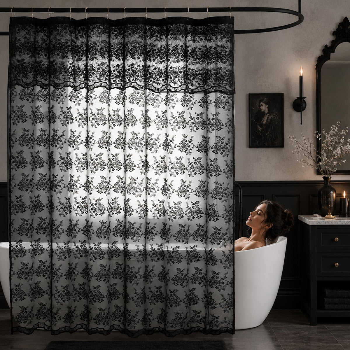 TUDECO Sage Green Shower Curtain with Attached Valance, 72 x 72, 1 Panel