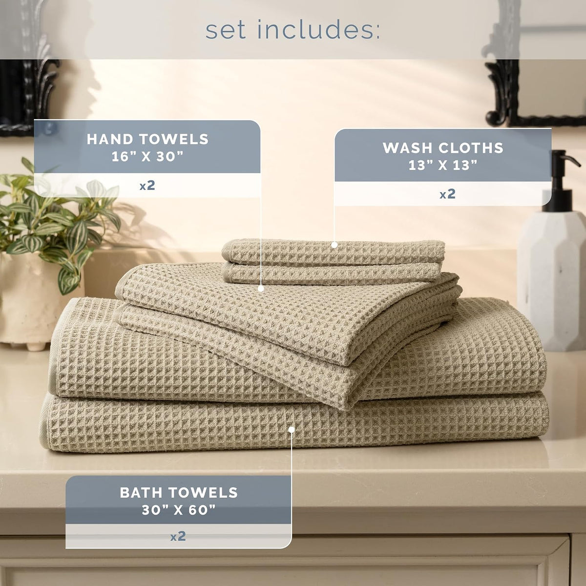 S&T INC. Aura Waffle Bath Towel Set, 6 Pieces, Beige