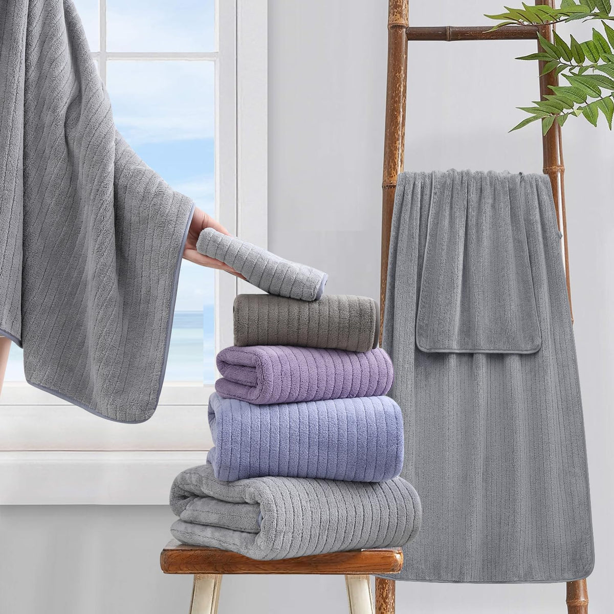 18 Piece Bath Towels Set,Ultra Soft Family Bathroom Towel Set with Hanging Loops-6 Bath Towels,6 Hand Towels,6 Washcloths,Highly Absorbent Quick Dry Shower Towel for Bathroom,Hotel,Spa-Grey Towel Set